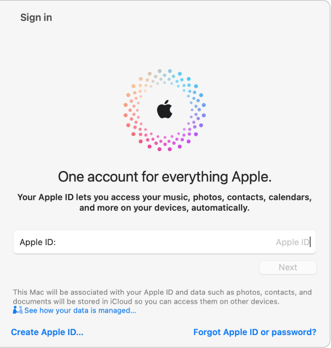 Apple ID 登录窗口包含用于输入 Apple ID 的文本栏。“创建 Apple ID”链接,允许你新建一个 Apple ID。